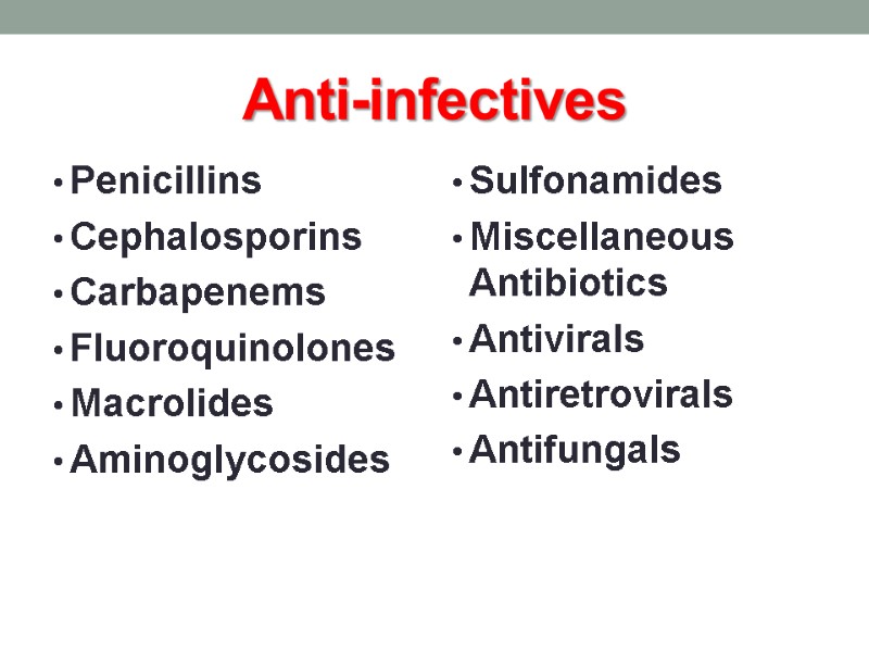 Anti-infectives  Penicillins Cephalosporins Carbapenems Fluoroquinolones Macrolides Aminoglycosides Sulfonamides Miscellaneous Antibiotics Antivirals Antiretrovirals Antifungals